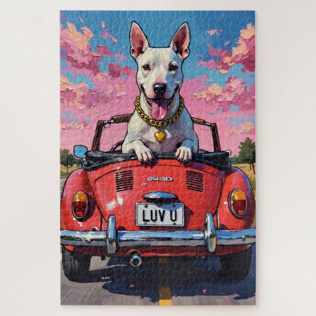 Bull Terrier Dog Valentine's Day Red Convertible Jigsaw Puzzle (Vertical)