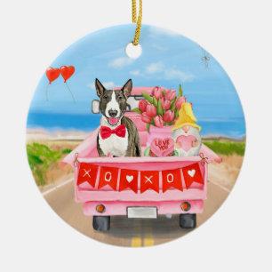 Bull Terrier Dog Valentine's Day Truck Hearts  Ceramic Tree Decoration