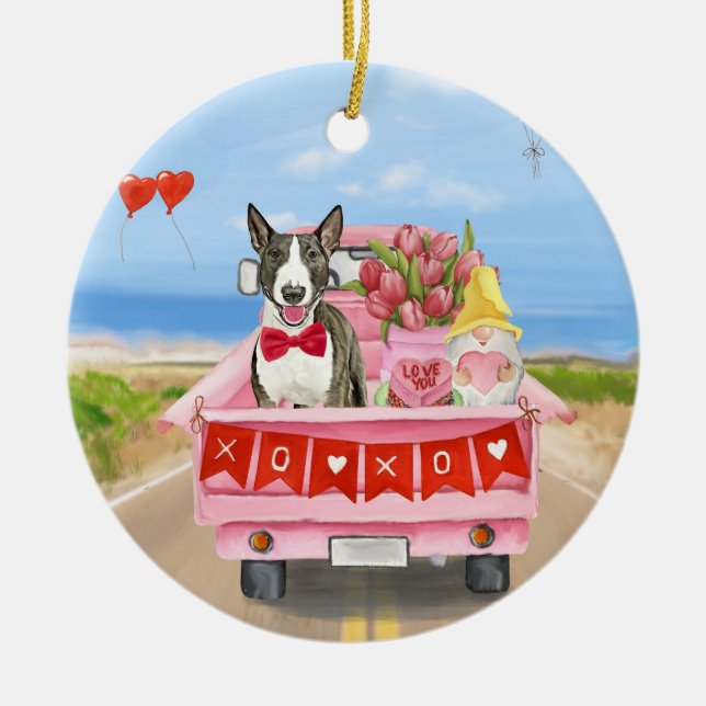 Bull Terrier Dog Valentine's Day Truck Hearts  Ceramic Tree Decoration (Front)
