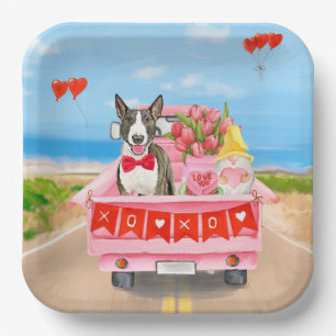 Bull Terrier Dog Valentine's Day Truck Hearts Paper Plate