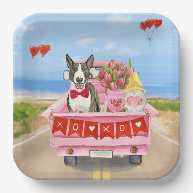 Bull Terrier Dog Valentine's Day Truck Hearts Paper Plate (Front)