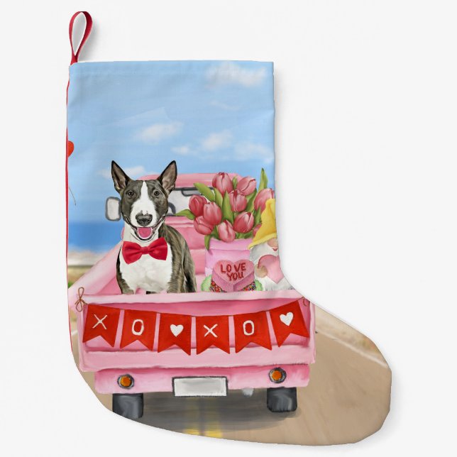 Bull Terrier Dog Valentine's Day Truck Hearts  Small Christmas Stocking (Front)