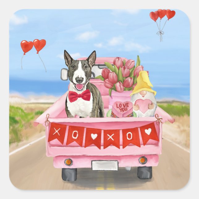 Bull Terrier Dog Valentine's Day Truck Hearts Square Sticker (Front)