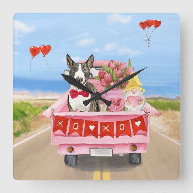 Bull Terrier Dog Valentine's Day Truck Hearts Square Wall Clock (Front)