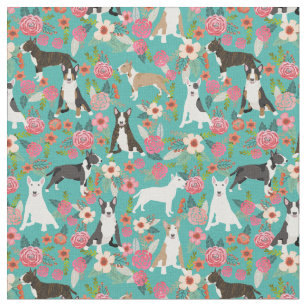 Bull Terrier dog vintage florals turquoise Fabric