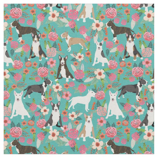 Bull Terrier dog vintage florals turquoise Fabric (Close Up)