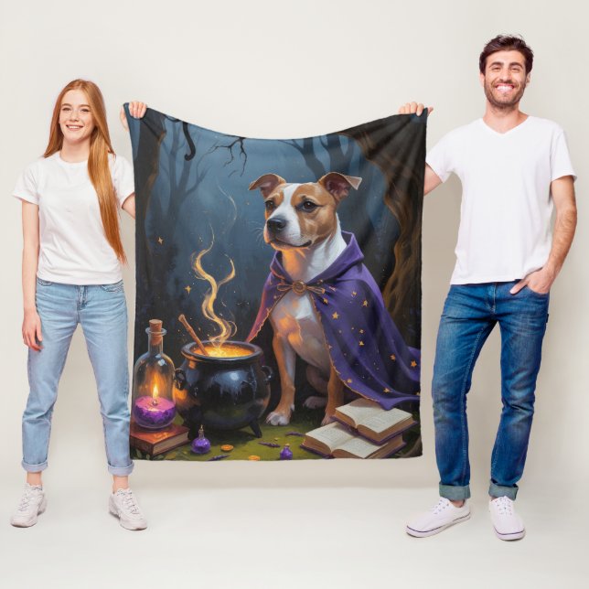 Bull Terrier Dog Whimsical Halloween Painting Fleece Blanket (In Situ)
