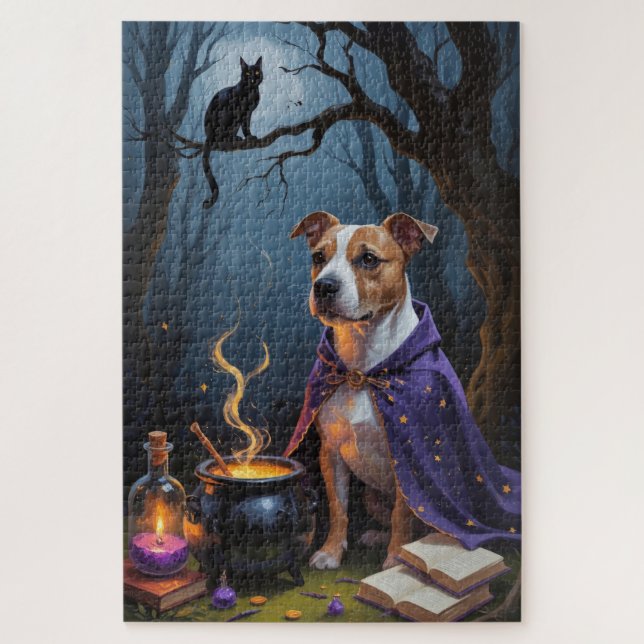 Bull Terrier Dog Whimsical Halloween Painting Jigsaw Puzzle (Vertical)