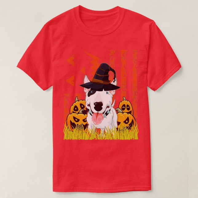 Bull Terrier Dog Witch Dancing Around Pumpkins In  T-Shirt (Design Front)