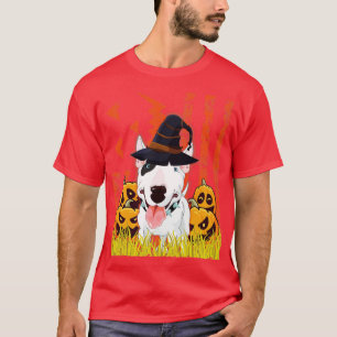 Bull Terrier Dog Witch Dancing Around Pumpkins In T-Shirt