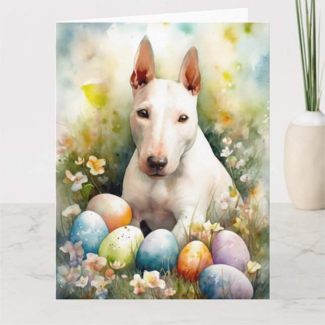 Bull Terrier Dog with Easter Eggs Holiday Card (Front)