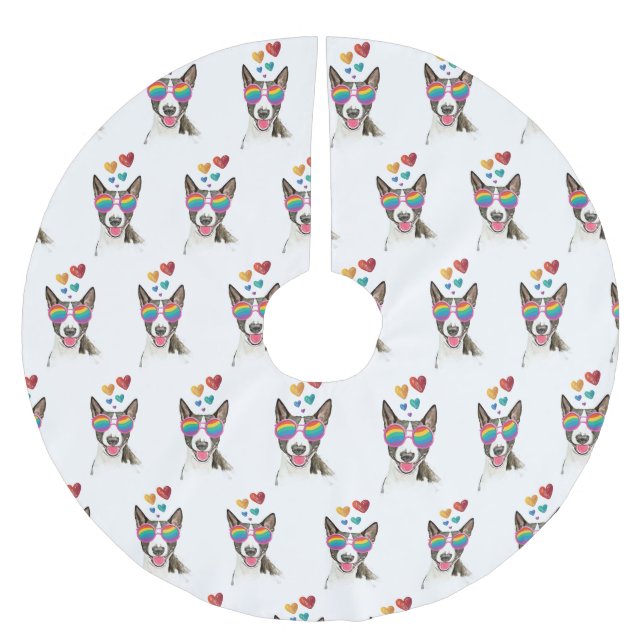 Bull Terrier Dog with Hearts Valentine's Day Brushed Polyester Tree Skirt (Front)