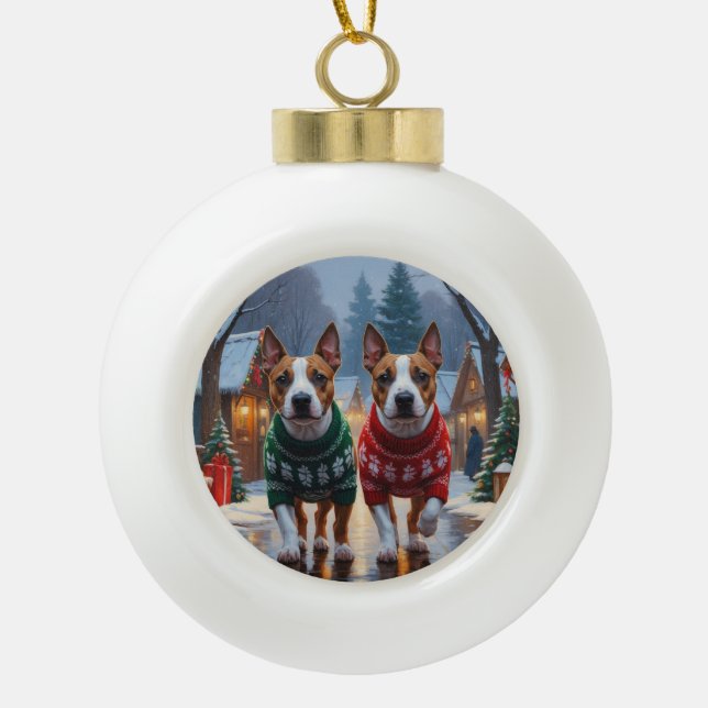Bull Terrier Dogs Christmas Snow Holiday Ceramic Ball Christmas Ornament (Front)