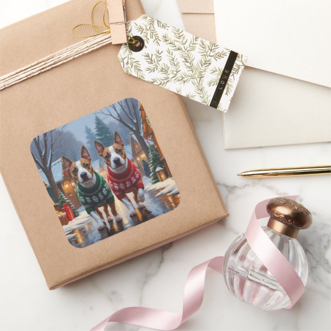 Bull Terrier Dogs Christmas Snow Holiday Square Sticker (Gifting)