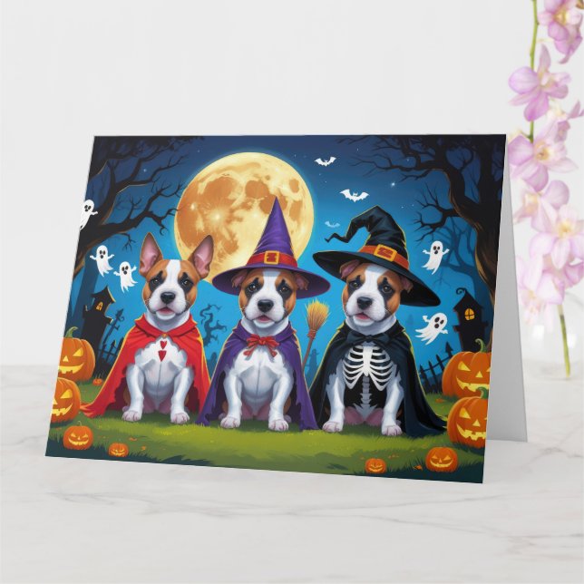 Bull Terrier Dogs Pumpkin Halloween Funny Card (Orchid)