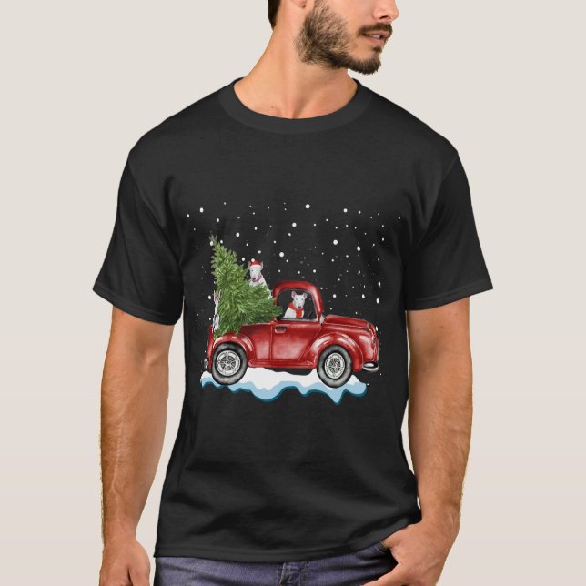 Bull Terrier Dogs Ride Red Truck Christmas Funny X T-Shirt (Front)