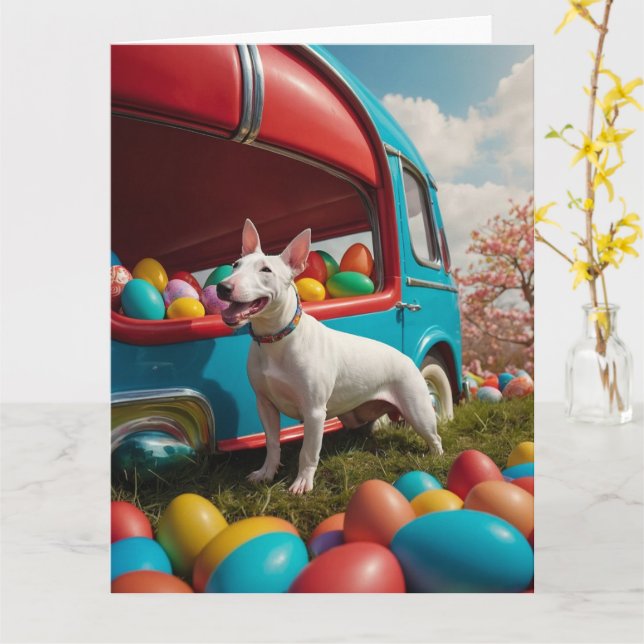 Bull Terrier Easter Eggs Card (Yellow Flower)