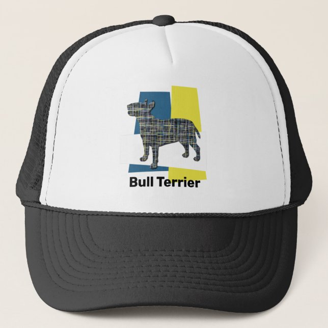 Bull Terrier English Dog Silhouette Tricolour Grid Trucker Hat (Front)