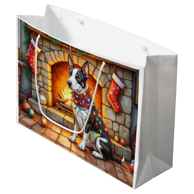 Bull Terrier Fireplace with Christmas Lights Large Gift Bag (Front Angled)
