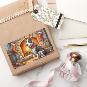 Bull Terrier Fireplace with Christmas Lights Rectangular Sticker