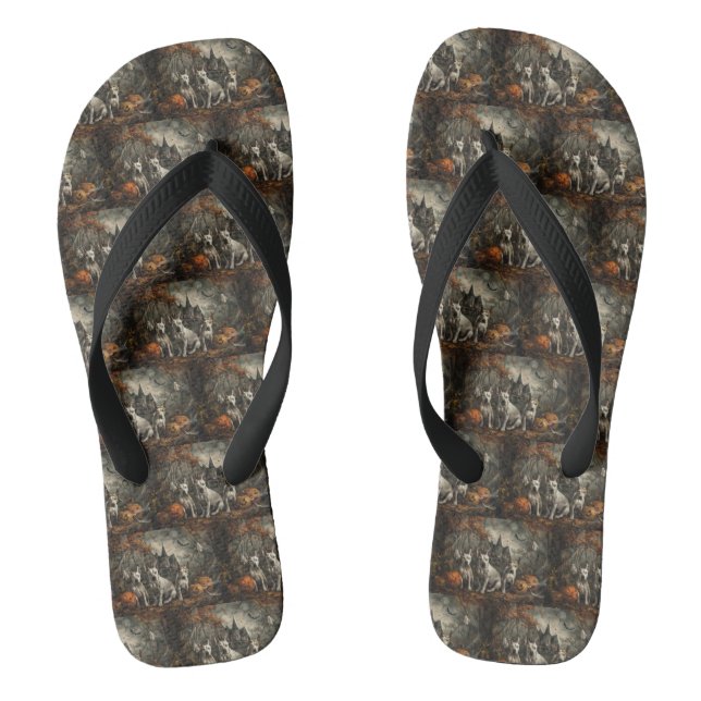 Bull Terrier Halloween Night Doggy Delight  Flip Flops (Footbed)