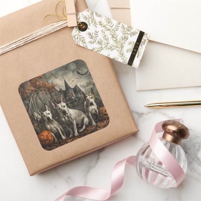 Bull Terrier Halloween Night Doggy Delight  Square Sticker (Gifting)