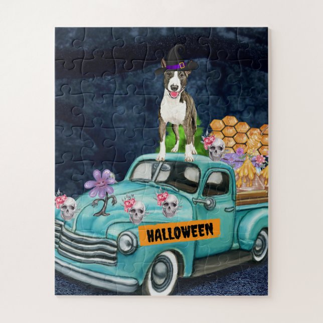 Bull Terrier Halloween Truck Scary Night  Jigsaw Puzzle (Vertical)