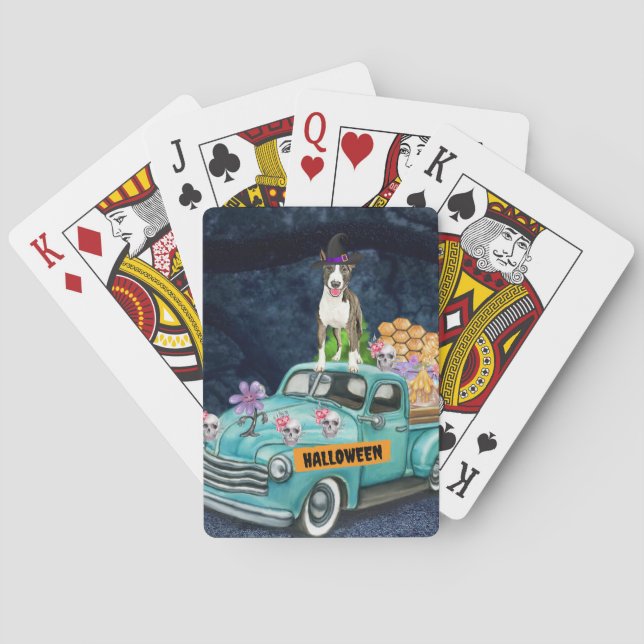 Bull Terrier Halloween Truck Scary Night  Playing Cards (Back)