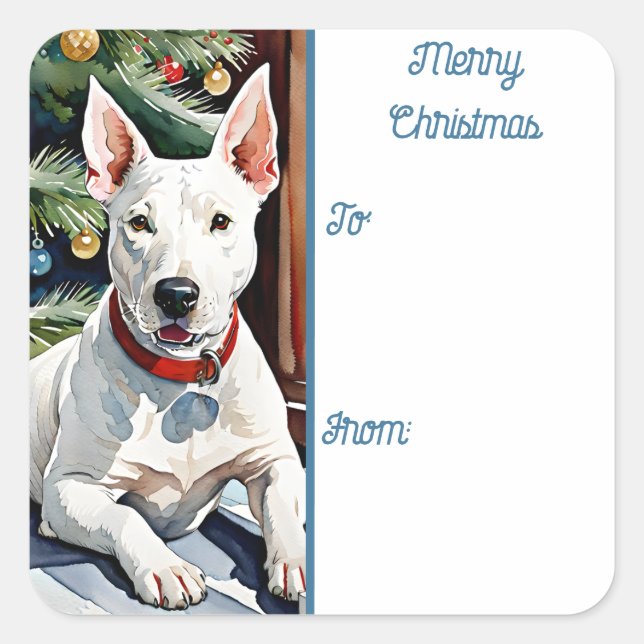 Bull Terrier Holiday Square Gift Tag Sticker (Front)