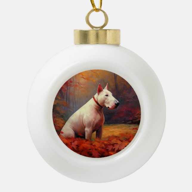 Bull Terrier in Autumn Leaves Fall Inspire  Ceramic Ball Christmas Ornament (Front)