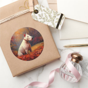 Bull Terrier in Autumn Leaves Fall Inspire  Classic Round Sticker