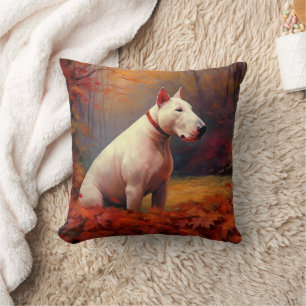 Bull Terrier in Autumn Leaves Fall Inspire  Cushion