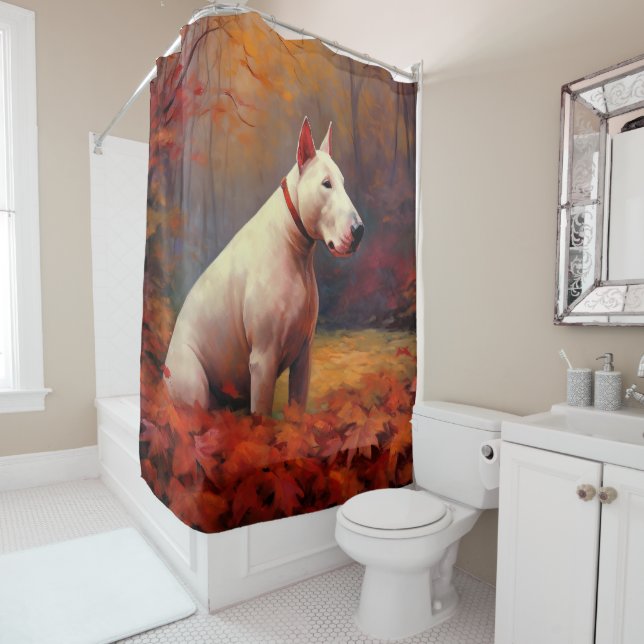 Bull Terrier in Autumn Leaves Fall Inspire  Shower Curtain (In Situ)