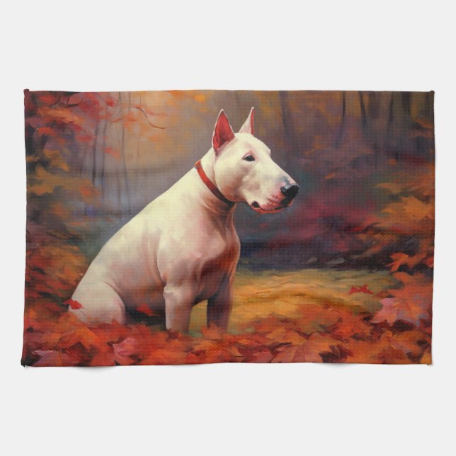 Bull Terrier in Autumn Leaves Fall Inspire  Tea Towel (Horizontal)