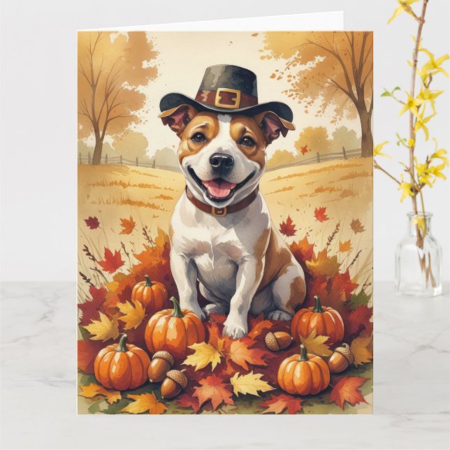 Bull Terrier In Autumn Leaves Thanksgiving Art Card (Yellow Flower)