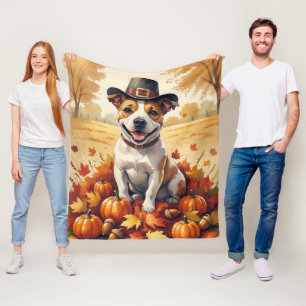 Bull Terrier In Autumn Leaves Thanksgiving Art Fleece Blanket