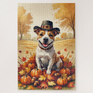 Bull Terrier In Autumn Leaves Thanksgiving Art Jigsaw Puzzle