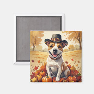 Bull Terrier In Autumn Leaves Thanksgiving Art Magnet