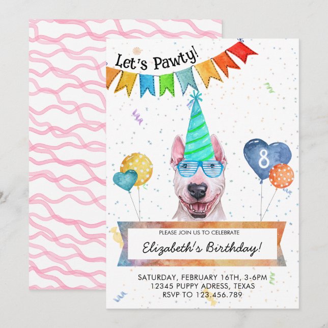 Bull Terrier Lets Pawty Dog Birthday Party Invitation (Front/Back)
