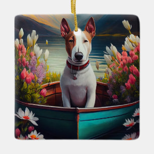 Bull Terrier on a Paddle: A Scenic Adventure Ceramic Ornament