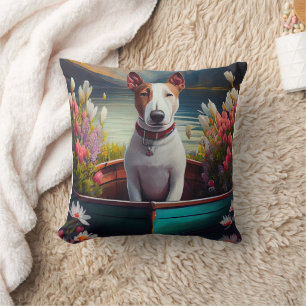 Bull Terrier on a Paddle: A Scenic Adventure Cushion