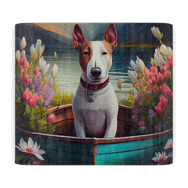 Bull Terrier on a Paddle: A Scenic Adventure Cutting Board (Front)