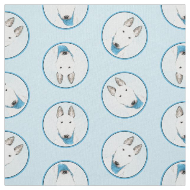 Bull Terrier Painting White English Cute Dog Art Fabric (Swatch)