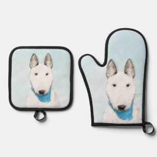 Bull Terrier Painting White English Cute Dog Art Oven Mitt & Pot Holder Set