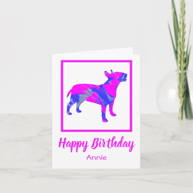 Bull Terrier Pink Dog Silhouette Funny Birthday Card (Front)