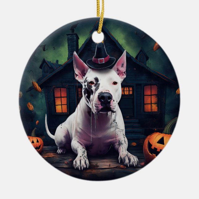 Bull Terrier Pumpkins Halloween Scary Ceramic Tree Decoration (Front)