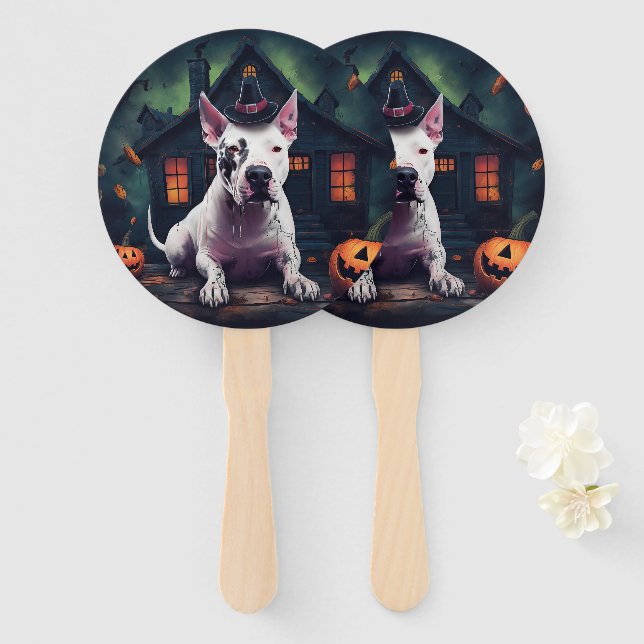 Bull Terrier Pumpkins Halloween Scary Hand Fan (Front and Back)
