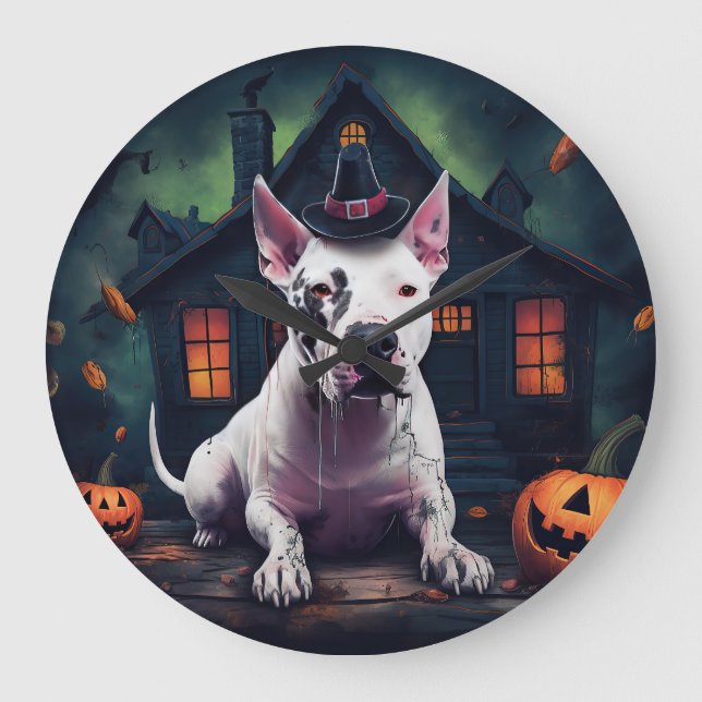 Bull Terrier Pumpkins Halloween Scary Large Clock (Front)