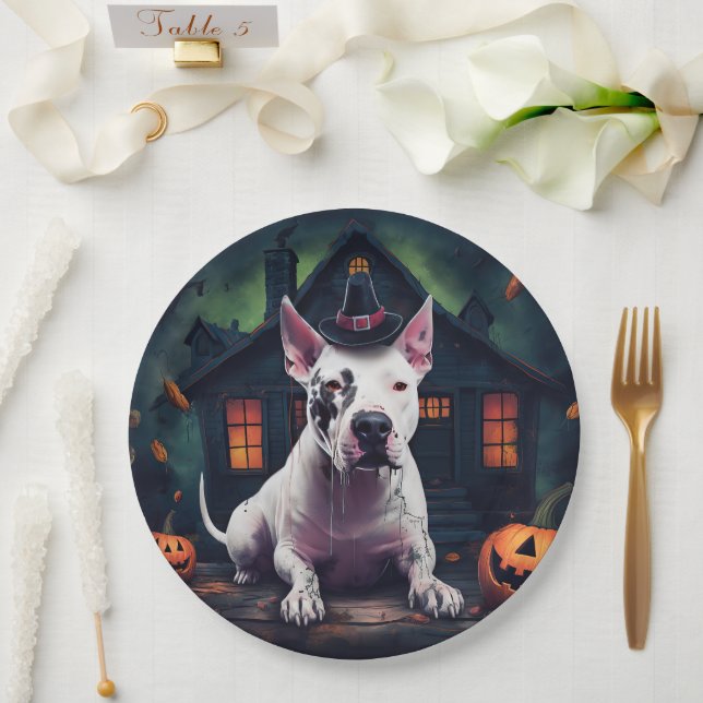 Bull Terrier Pumpkins Halloween Scary Paper Plate (Wedding)