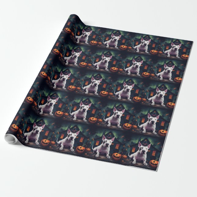 Bull Terrier Pumpkins Halloween Scary Wrapping Paper (Unrolled)